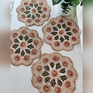 Set of Four Beautifully Designed Tan Round Scalloped Edged Doilies 9"